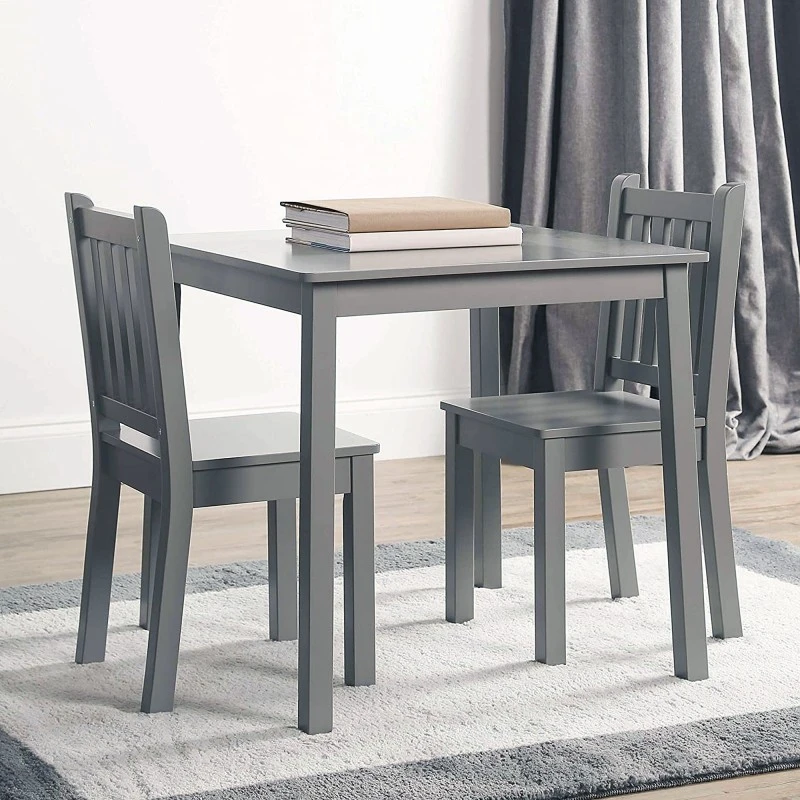 Детска Дървена Маса с 2 Столчета, Комплект за Учене, Рисуване, Игра, Хранене, за Детска Стая, Сиво